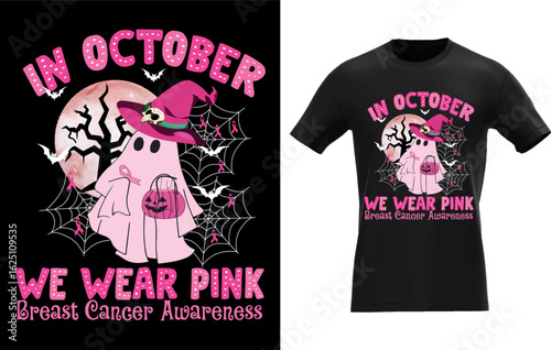 Breast cancer awareness halloween ghost silhouette wearing pink ribbon and in october we wear pink text