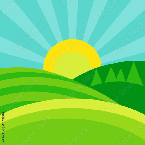 Stylized sunrise over rolling green hills and trees