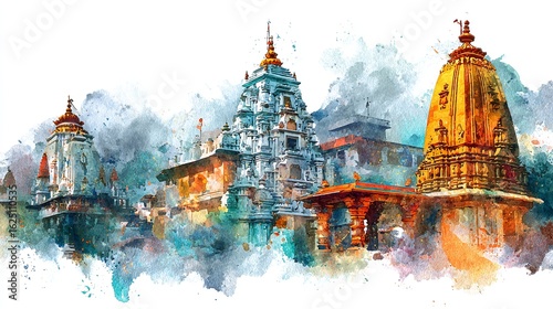 Captivating Watercolor Painting of Ancient Hindu Temples Evokes Spiritual Journey and Artistic Flair
