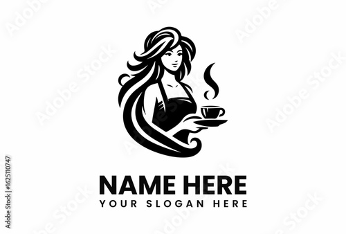 Elegant barista logo with flowing hair holding a steaming cup of coffee.