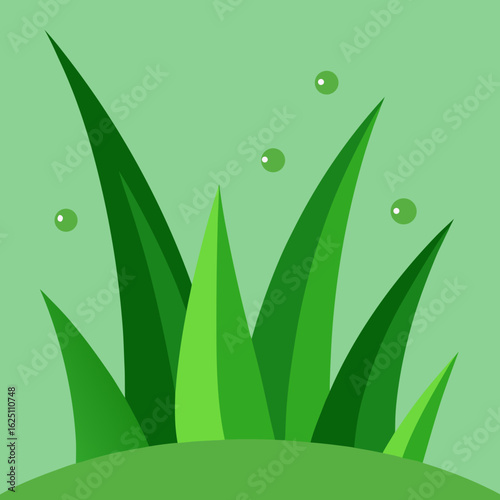 Stylized green grass blades with dew drops on a light green background