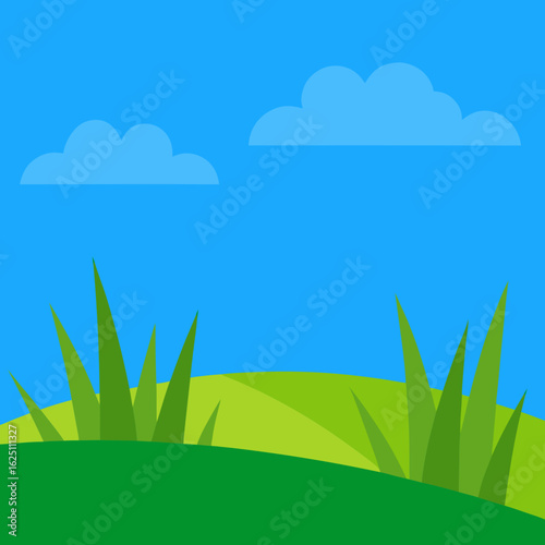 Vibrant green hills under a bright blue sky with fluffy clouds