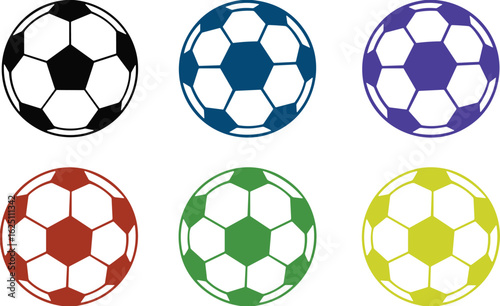 Soccer ball set, black, blue, purple, brown, green, yellow, sports equipment, color variations, vector illustration, athletic gear mockup