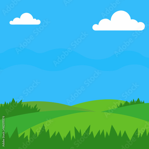 Vibrant green rolling hills under a bright blue sky with fluffy clouds