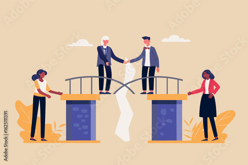 Bridging the Divide A symbolic handshake uniting fragmented pieces fostering collaboration and resolution on a graphic.
