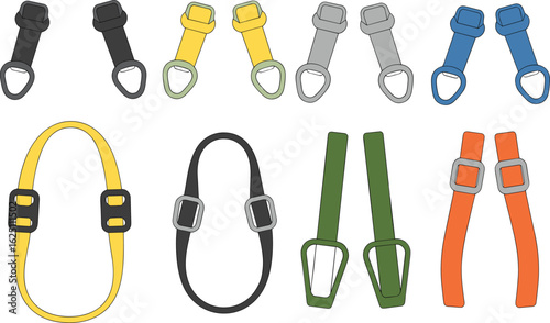 Strap and buckle set, fastening accessories, black, yellow, gray, blue, green, orange variations, outdoor gear components, vector illustration, equipment mockup
