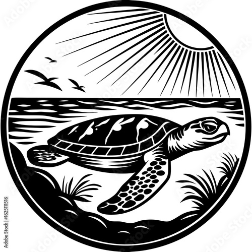 Turtle Swimming Near Surface with Sun Rays