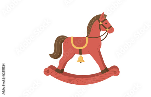 Red Wooden Rocking Horse Toy with Bell and Saddle.