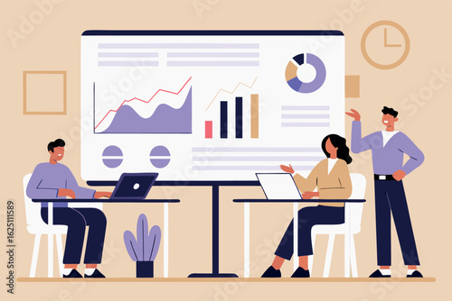 Team Analyzing Business Growth Data Charts Celebrating Success in Strategic Meeting with Modern Flat Vector Style.