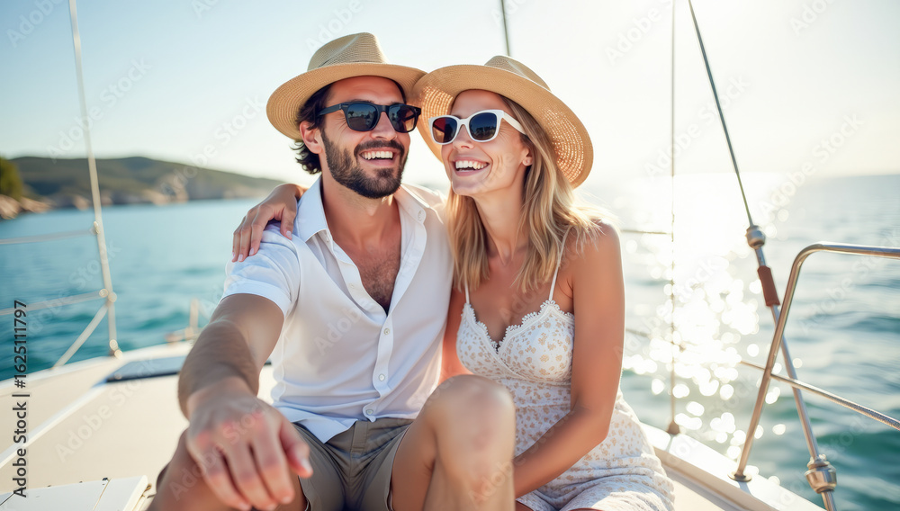 Obraz premium happy couple man and woman on a sailing yacht