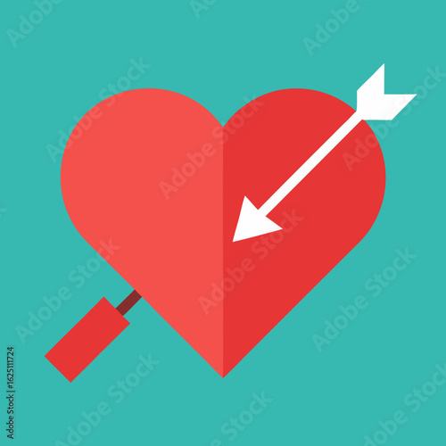 Red heart pierced by white arrow on teal background