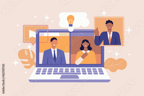Connecting with colleagues during a virtual brainstorming session sharing creative ideas using warm pastel tones.