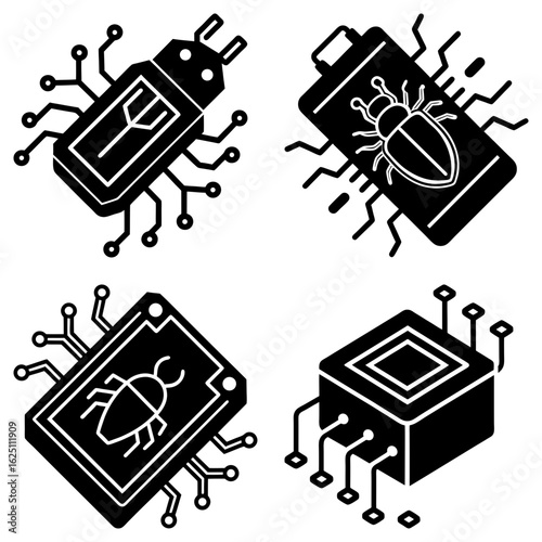 Four stylized black and white icons depicting bugs integrated into circuit board designs on a white backdrop