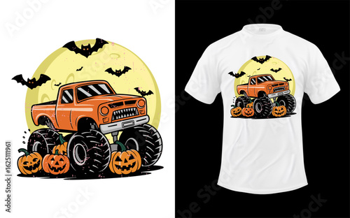 Whimsical halloween monster truck with jack o lantern and moon silhouette perfect for toddlers and kids