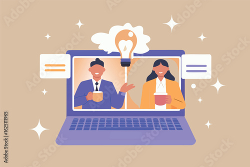 A vibrant virtual meeting with an idea sparking between colleagues in pastel tones on a purple laptop.