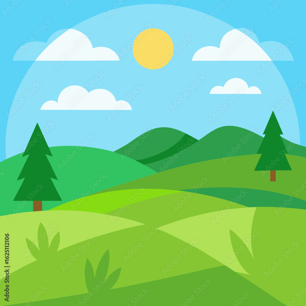 Fototapeta premium Sunny day over rolling green hills and trees