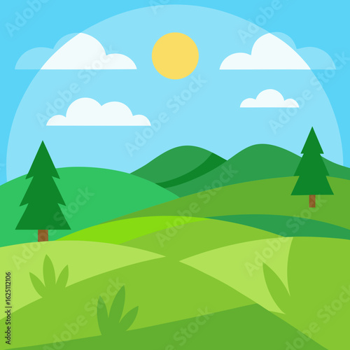 Sunny day over rolling green hills and trees