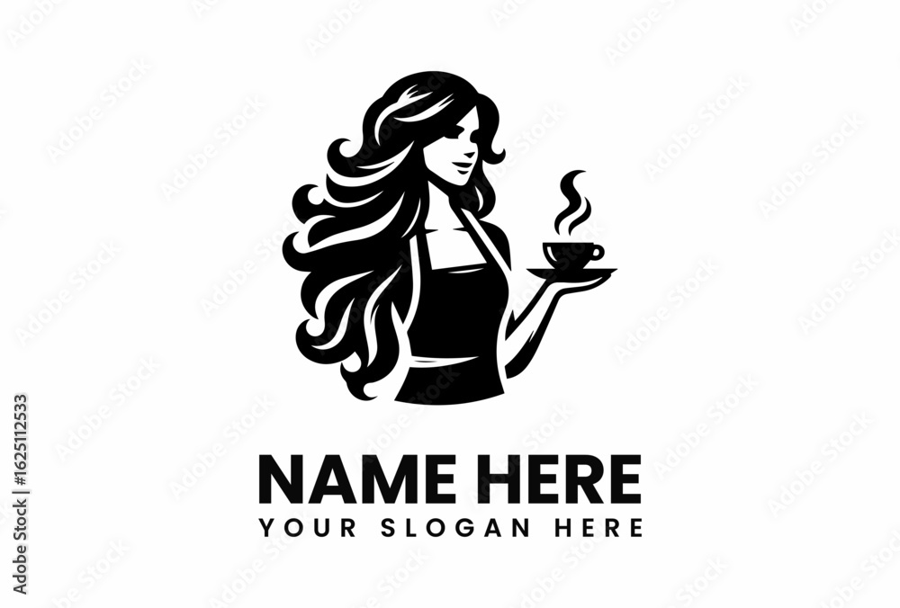 Elegant Woman Serving Steaming Coffee Cup Logo Design. Elegant Woman Serving Steaming Coffee Cup Logo Design.