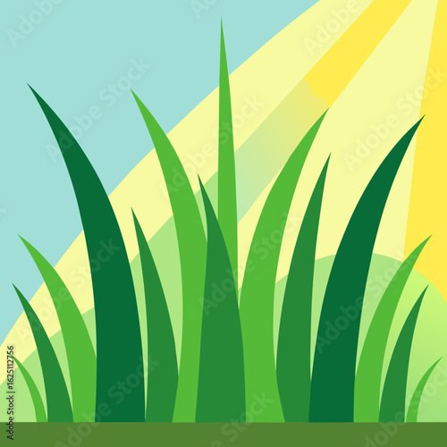 Stylized green grass blades under a bright sunny sky