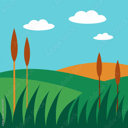 Stylized landscape with cattails and rolling hills under a blue sky