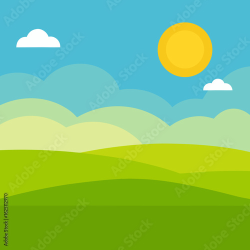 Sunny day over rolling green hills