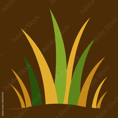 Stylized green and yellow grass blades on brown background