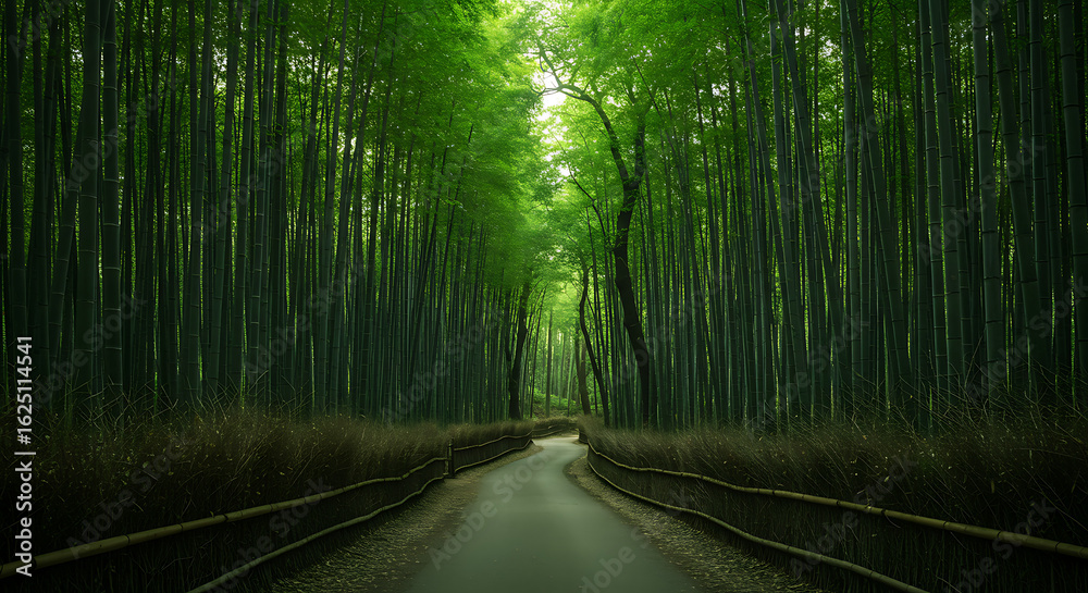Fototapeta premium Serene Path Through a Lush Bamboo Forest Grove.