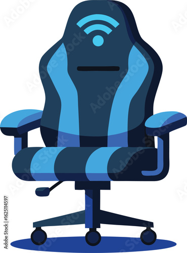 Modern gaming chair with blue accents and wi fi symbol