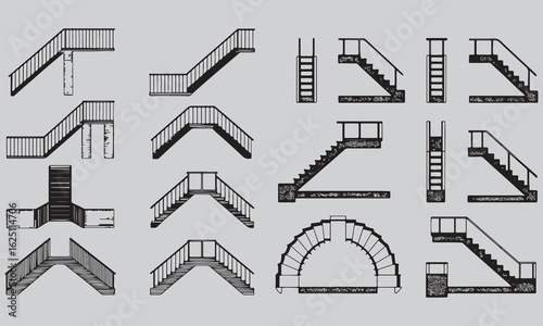 Staircase and Escalator Architecture Symbols – Top and Side View CAD Elements for Floor Plans