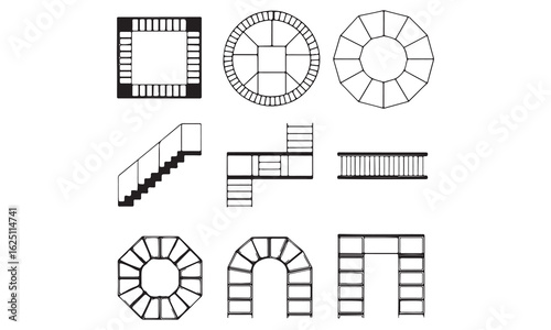 Staircase and Escalator Architecture Symbols – Top and Side View CAD Elements for Floor Plans