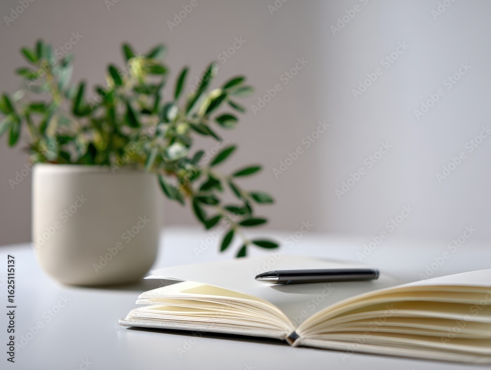 Naklejka premium Minimalist desk setup with an open notebook, pen, and a plant. Study space, organized. Clean, simple.