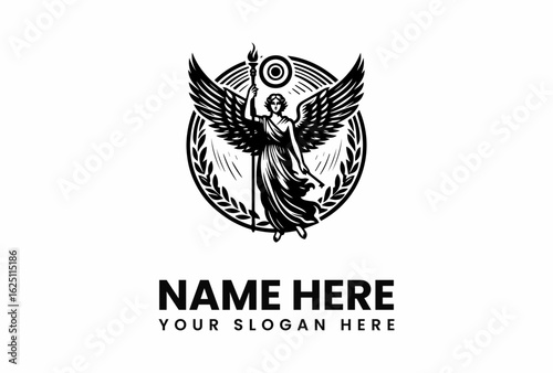 Winged Angel Holding Torch Emblem of Strength and Guidance.
