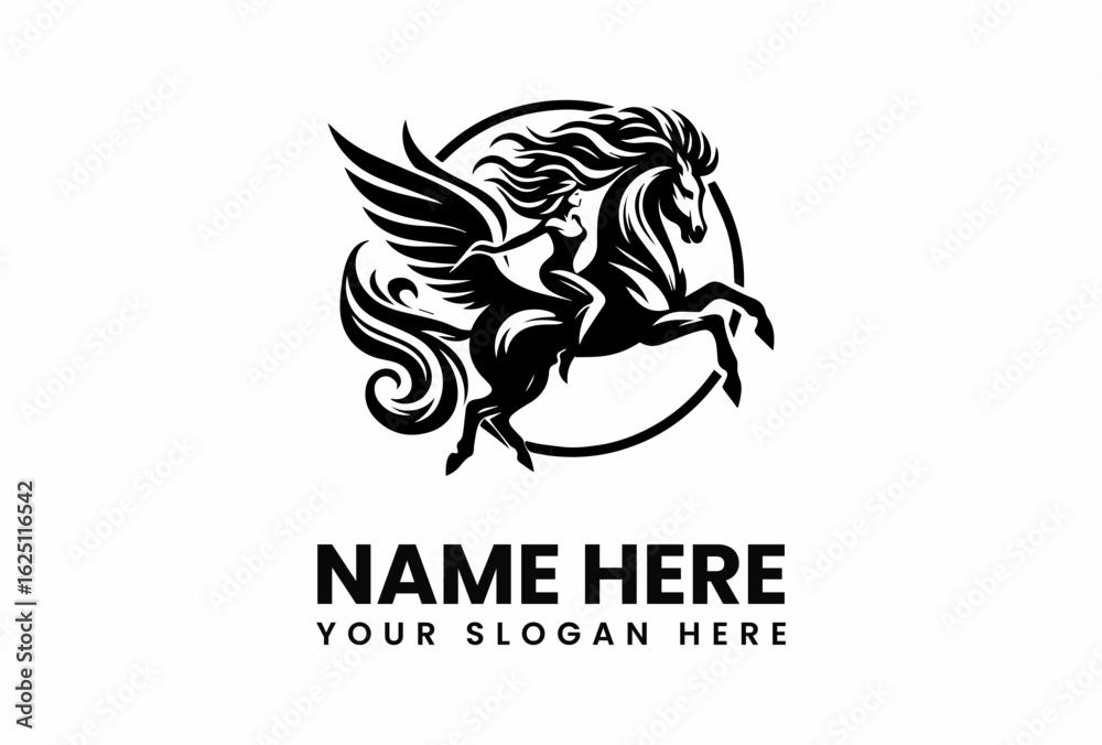 Fototapeta premium Winged Horse with Female Rider in Silhouette encircled by a simple line.