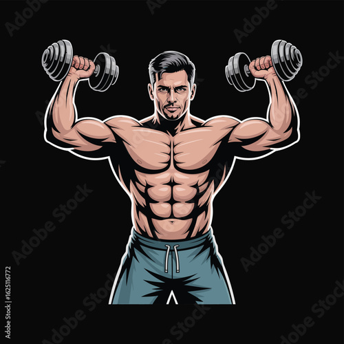 Muscular bodybuilder athlete trains with dumbbell at the gym, showcasing his strong biceps and athletic torso