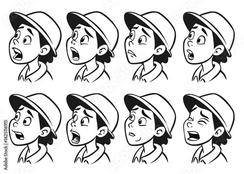 Cartoon Boy with Baseball Cap Expressing Various Emotions in a Black and White Illustration