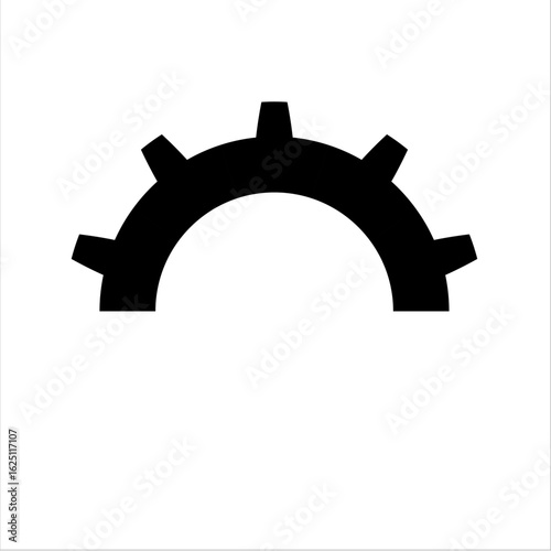 Black half gear wheel silhouette on white background, partial cog icon for industrial design and mechanical engineering applications