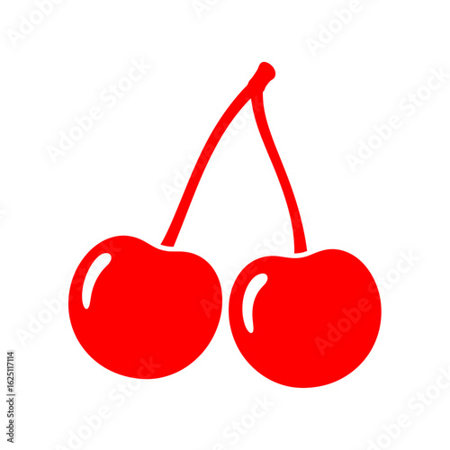 Illustration showing a pair of vibrant cherries with connected stems, a fruity and juicy design element