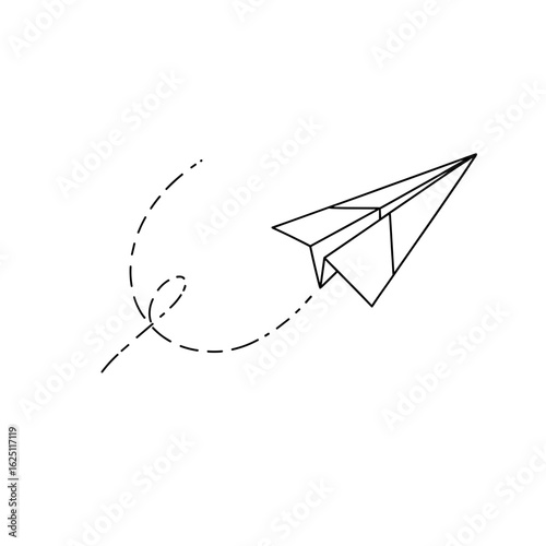 Paper airplane with trajectory line illustration representing flight and travel concept design element art