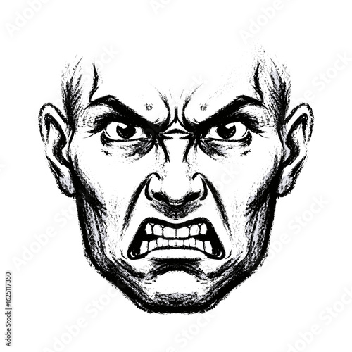 Illustration of a man's face with an angry expression and clenched teeth in a monochrome drawing style