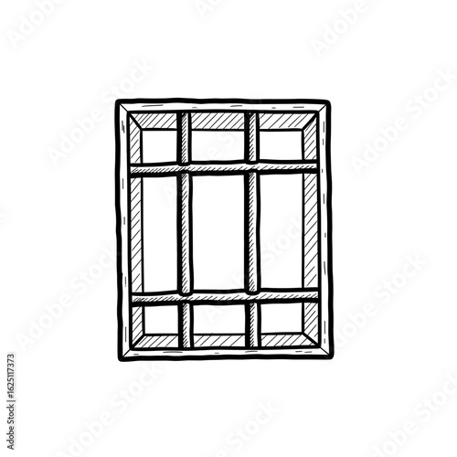 Illustration of a rectangular window frame with multiple panes and a hand drawn style appearance shown
