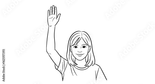 Illustration depicting a woman with straight hair raising her hand in a greeting or questioning gesture