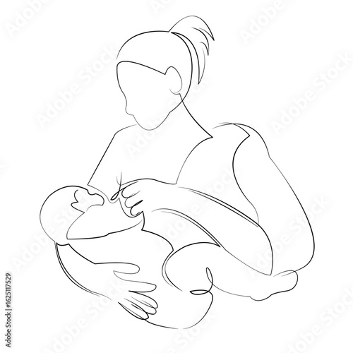 One continuous line drawing on white isolated background. Minimalism linear illustration. mother, children, woman, breastfeed, care, newborn, milk, breast