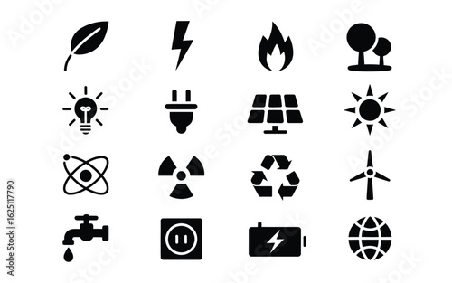 Energy resources and sustainable power icon set