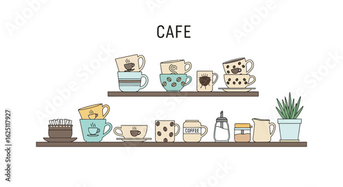 Cafe Coffee Cups Shelf Vector Illustration
