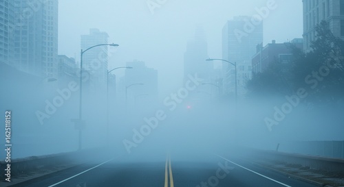 Fototapeta Naklejka Na Ścianę i Meble -  Foggy city streetscape with low visibility and atmospheric haze for weather and urban landscape photography