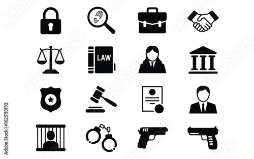 Legal justice law and crime icons set