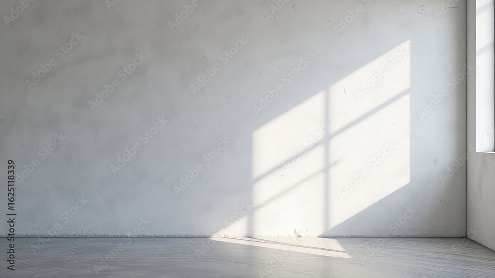 Obraz premium White plastered wall with window shadows and concrete floor providing a clean modern empty space for product placement