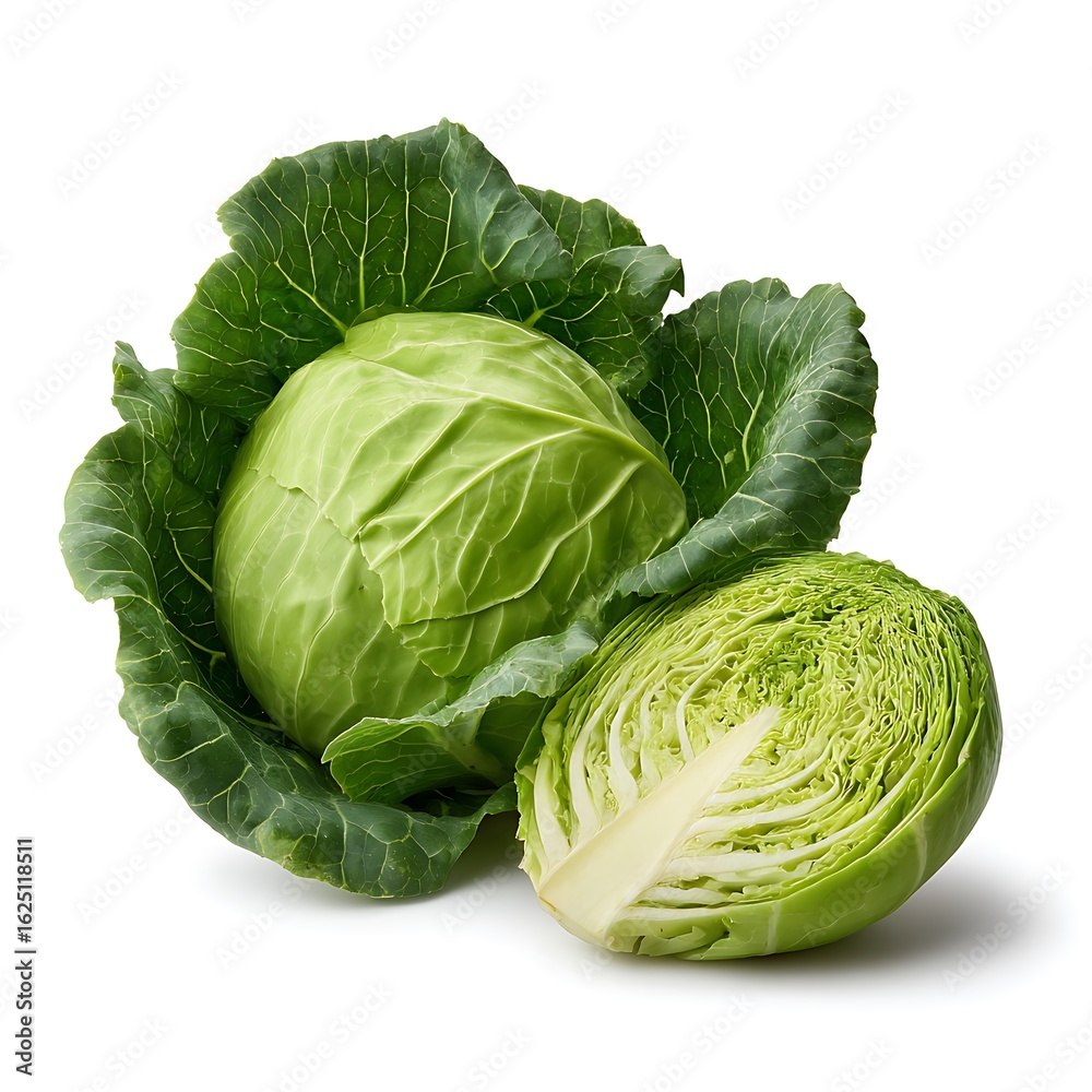 Fototapeta premium Two fresh green cabbages one whole and one halved isolated on white background