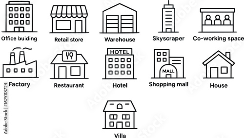 Set of eleven outlined vector icons representing various building types, including office building, retail store, warehouse, skyscraper, co-working space, factory, restaurant, hotel, shopping mall 