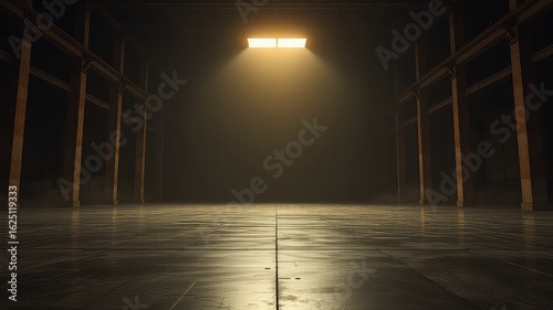 Illuminated rectangular light fixture with dim rays in an expansive industrial warehouse hall with aged metal columns and polished concrete flooring